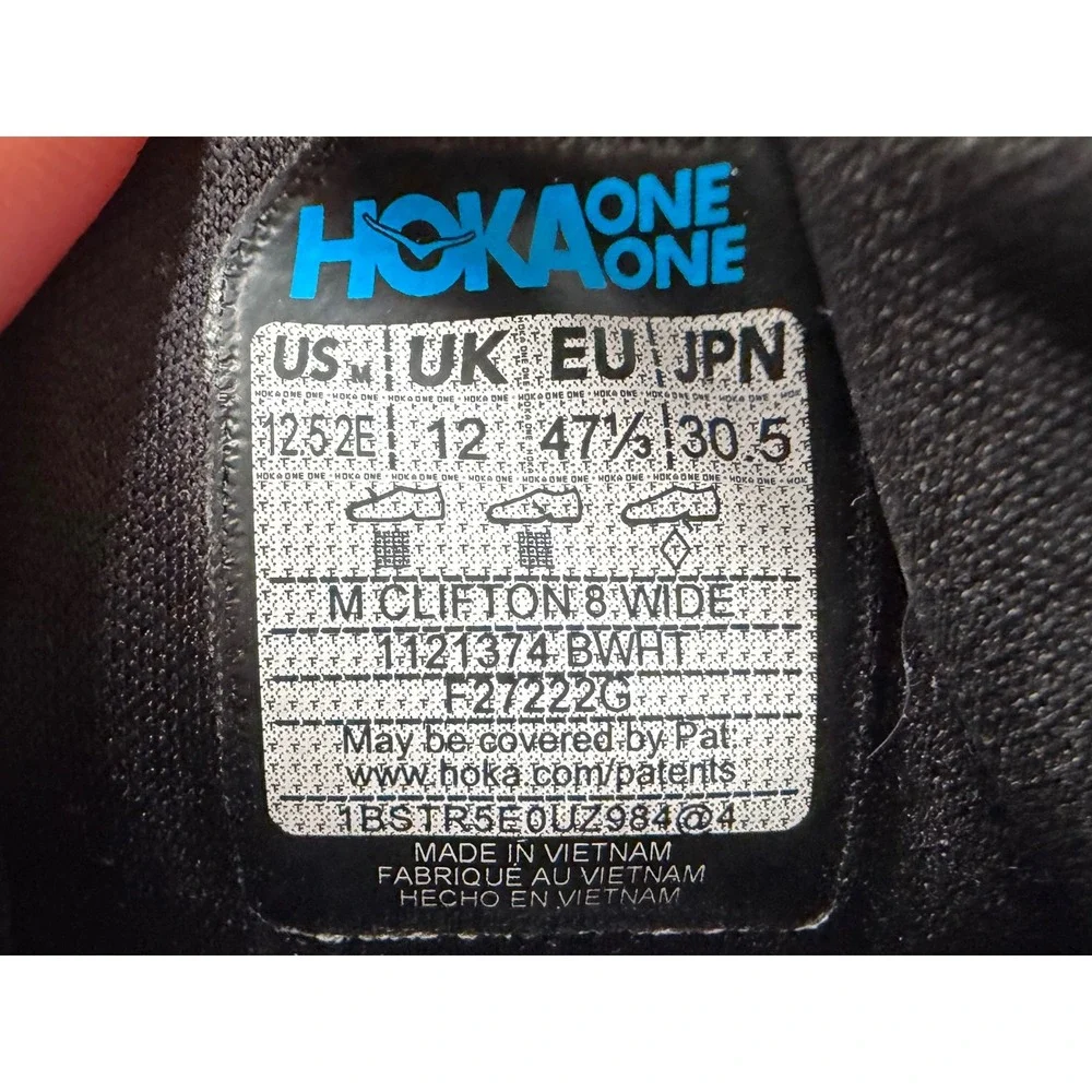 Hoka One One Clifton 8 Wide Black White Running Shoes Mens 12.5 2E 1121374 BWHT